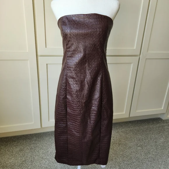 7 For All Mankind Strapless Dress Brown Faux Leather Snakeskin Print Sexy Medium - Picture 1 of 13